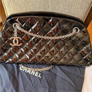 CHANEL Black Quilted Patent Leather Shoulder Bag with Silver Chain and CC Charm